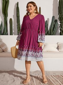 SHEIN VCAY Vestido con estampado geométrico de manga farol - Rojo violeta - Ver 4