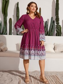 SHEIN VCAY Vestido con estampado geométrico de manga farol - Rojo violeta - Ver 1