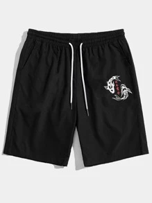 Manfinity Hypemode Men Chinese Letter & Fish Print Drawstring Shorts