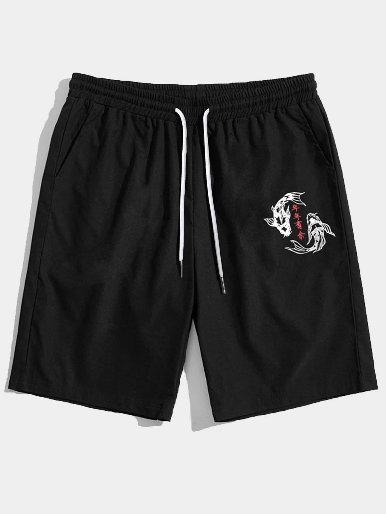 Manfinity Hypemode Men Chinese Letter & Fish Print Drawstring Shorts