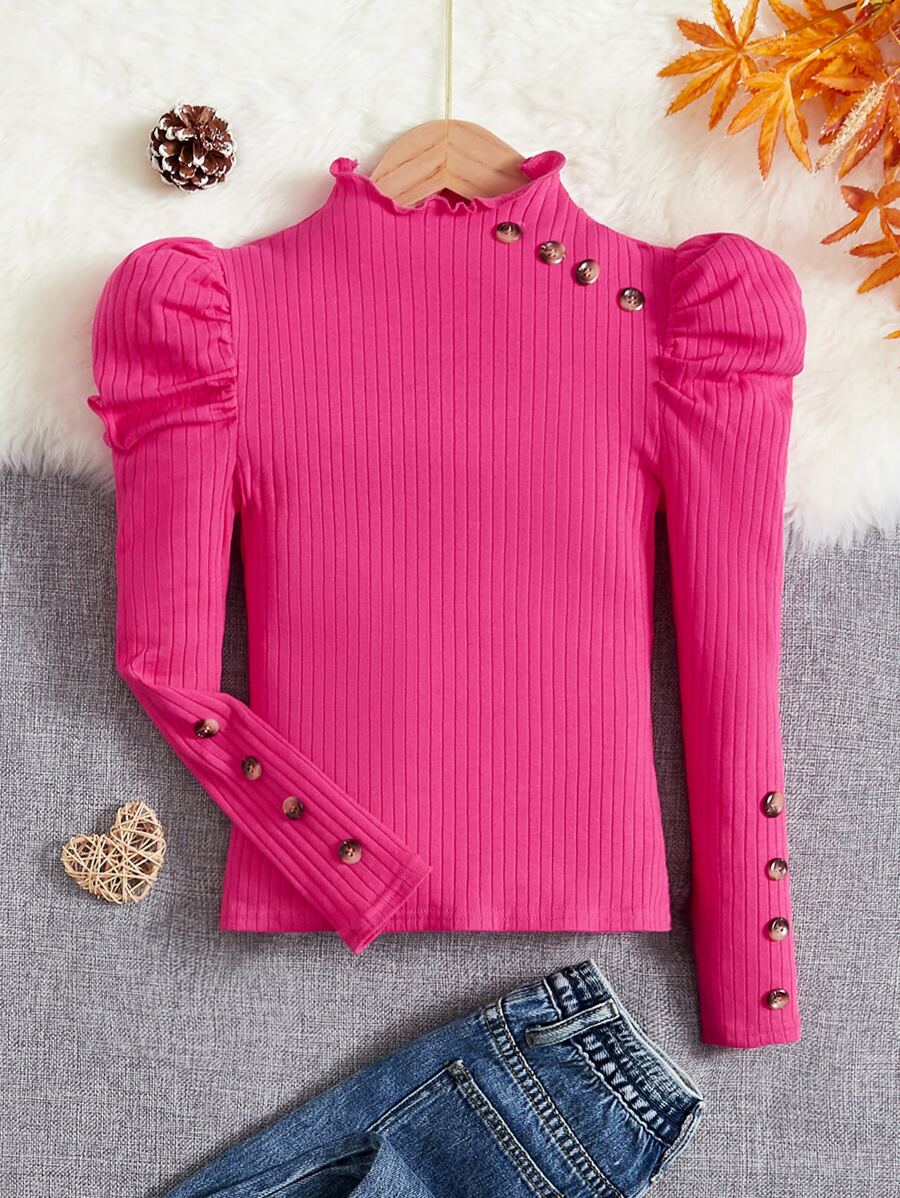SHEIN Tween Girl Button Detail Puff Sleeve Mock Neck Tee - Hot Pink - View 1