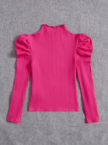 SHEIN Tween Girl Button Detail Puff Sleeve Mock Neck Tee - Hot Pink - View 2