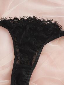 花卉蕾絲胸罩與內褲內衣套裝 - 黑色 - 查看 4