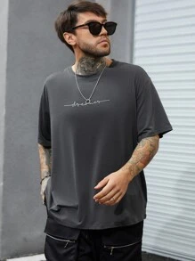 Manfinity Homme Tops Nam Lá thư Giải trí - Màu xám đen - Xem 5