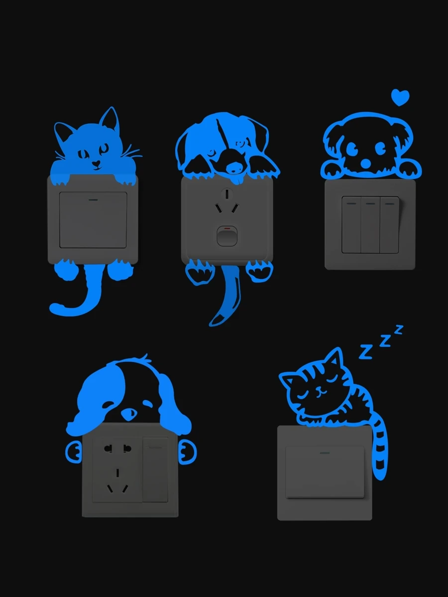 Conjunto de 5 adesivos de interruptor em formato de animais que brilham no escuro, decorativos para quarto, cozinha, banheiro e sala de estar. - Azul - Ver 1