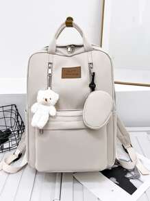 經典休閒熊和字母貼紋裝飾的多功能背包,附帶零錢包,適用於青少年女孩、女性、大學生,完美用於戶外、旅遊和返校,附帶小熊吊飾,帶袋的女士包 - 米色 - 查看 1