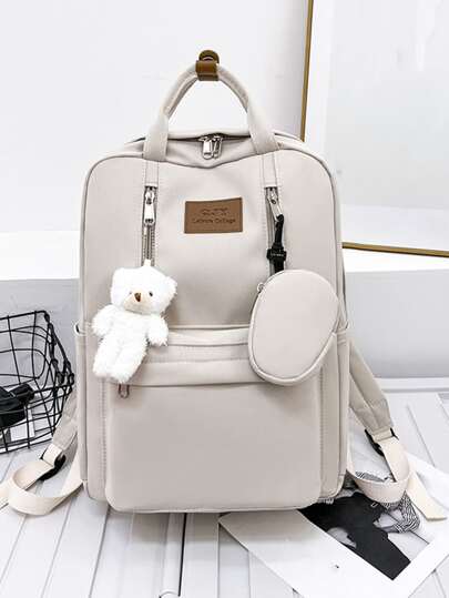 Classic, Casual Bear & Letter Patch Decor Functional Backpack With Coin Purse School Bag For Teen Girls, Women,College Students, Perfect For Outdoors ,Travel & Back To School, With Bear Pendant , Women Bag With Dime Bag