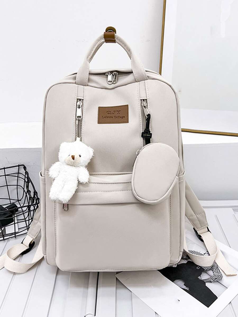 經典休閒熊和字母貼紋裝飾的多功能背包,附帶零錢包,適用於青少年女孩、女性、大學生,完美用於戶外、旅遊和返校,附帶小熊吊飾,帶袋的女士包 - 米色 - 查看 1