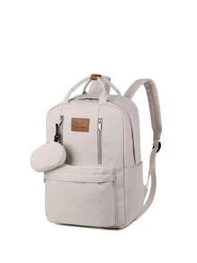 經典休閒熊和字母貼紋裝飾的多功能背包,附帶零錢包,適用於青少年女孩、女性、大學生,完美用於戶外、旅遊和返校,附帶小熊吊飾,帶袋的女士包 - 米色 - 查看 3