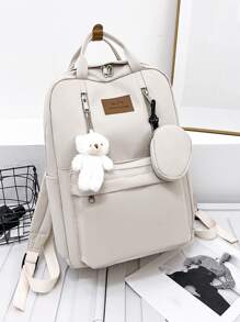 經典休閒熊和字母貼紋裝飾的多功能背包,附帶零錢包,適用於青少年女孩、女性、大學生,完美用於戶外、旅遊和返校,附帶小熊吊飾,帶袋的女士包 - 米色 - 查看 6