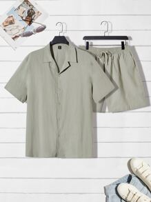 EASEVO Loose Fit Men Lapel Neck Shirt And Drawstring Waist Shorts - Green - View 1
