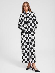 Abojel Checker & Graphic Print Button Front Coat - Black and White - View 2