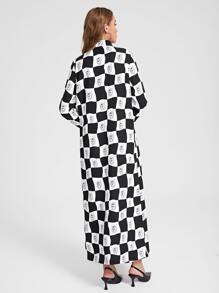 Abojel Checker & Graphic Print Button Front Coat - Black and White - View 3