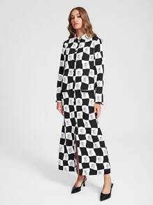 Abojel Checker & Graphic Print Button Front Coat - Black and White - View 4