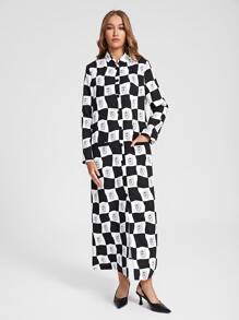 Abojel Checker & Graphic Print Button Front Coat - Black and White - View 5