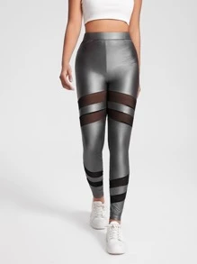 THE LOFTY MOM Mesh Insert Metallic Leggings - Grey - View 1