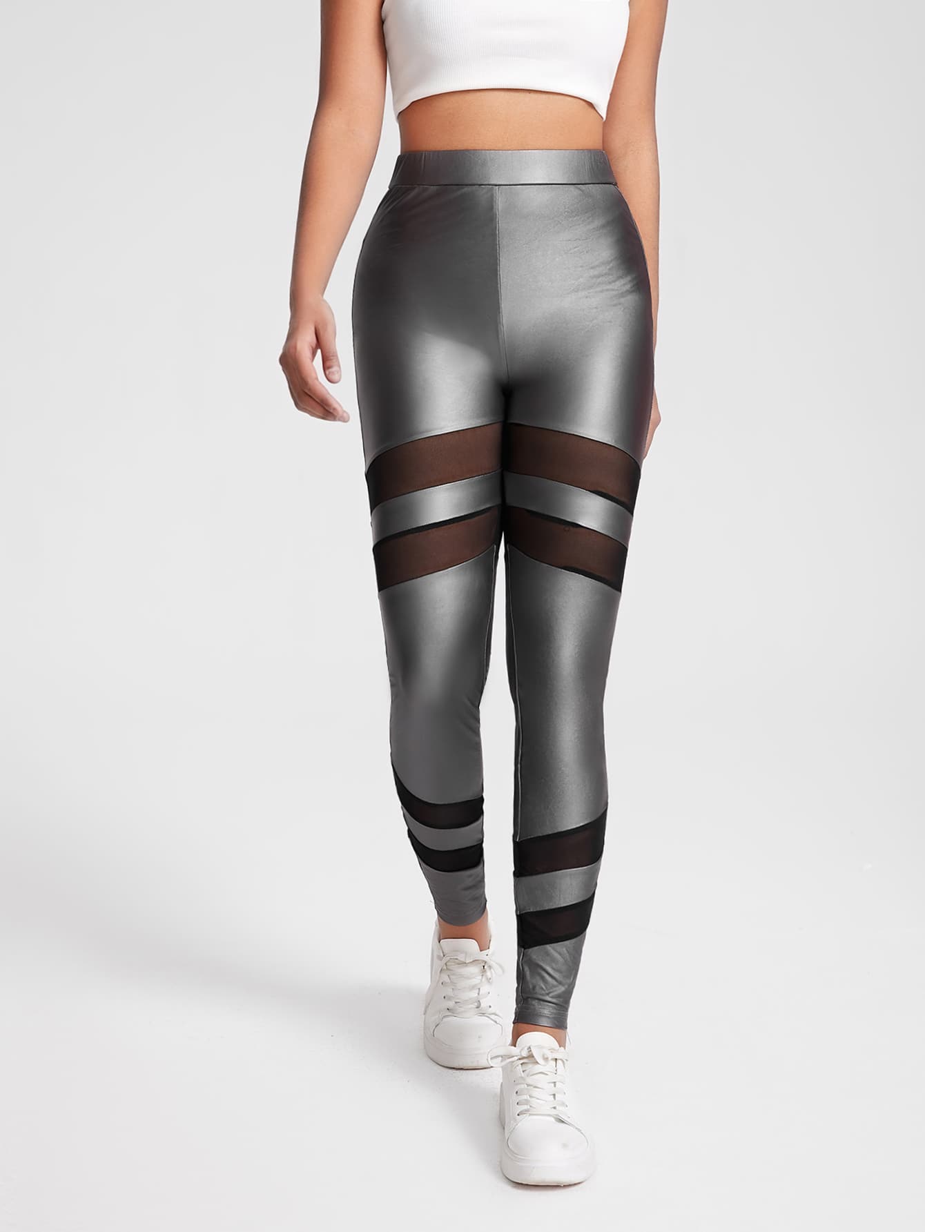 THE LOFTY MOM Mesh Insert Metallic Leggings - Grey - View 1