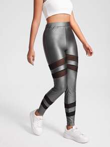 THE LOFTY MOM Mesh Insert Metallic Leggings - Grey - View 4