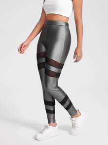 THE LOFTY MOM Mesh Insert Metallic Leggings - Grey - View 5