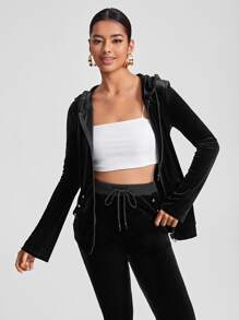 ARIA Zip Up Drawstring Hooded Velvet Hoodie - Black - View 1