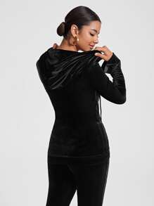 ARIA Zip Up Drawstring Hooded Velvet Hoodie - Black - View 2