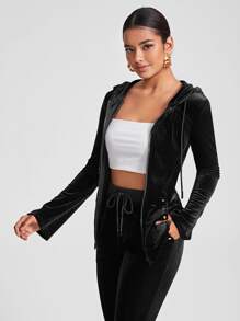 ARIA Zip Up Drawstring Hooded Velvet Hoodie - Black - View 3