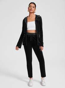 ARIA Zip Up Drawstring Hooded Velvet Hoodie - Black - View 4