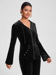 ARIA Zip Up Drawstring Hooded Velvet Hoodie - Black - View 5