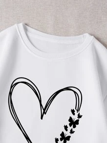 SHEIN Essnce 心形蝴蝶印花保暖内衬套头卫衣 秋季卫衣 - 白色 - 查看 6