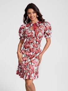 Caterine Sanchez Đầm Xù Viên lá sen Thắt nơ trước Hoa Tất cả trên in Thanh lịch - Nhiều màu - Xem 1