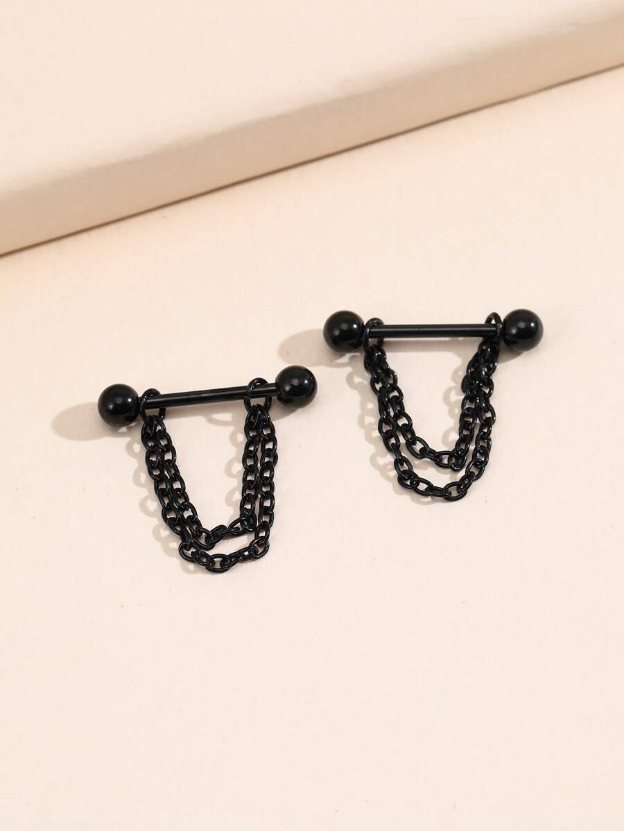 2 cái/bộ Quả bóng bằng thép không gỉ đơn giản & Chuỗi trang trí núm vú cho phụ nữ và trẻ em gái - màu đen - Xem 1