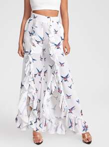 Caterine Sanchez Bird Print Ruffle Trim Trousers - White - View 1