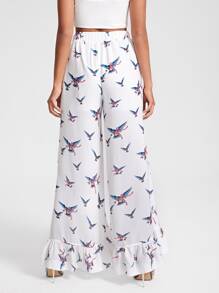 Caterine Sanchez Bird Print Ruffle Trim Trousers - White - View 2