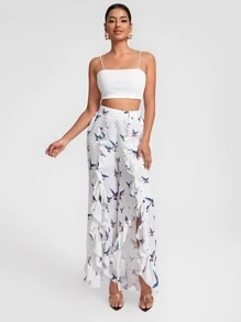 Caterine Sanchez Bird Print Ruffle Trim Trousers - White - View 3