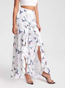 Caterine Sanchez Bird Print Ruffle Trim Trousers - White - View 5