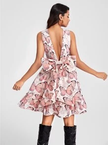 Caterine Sanchez 蝴蝶圖案後綁帶蝴蝶結荷葉邊連衣裙 - 彩色 - 查看 1