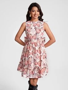 Caterine Sanchez 蝴蝶圖案後綁帶蝴蝶結荷葉邊連衣裙 - 彩色 - 查看 2