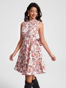 Caterine Sanchez 蝴蝶圖案後綁帶蝴蝶結荷葉邊連衣裙 - 彩色 - 查看 3