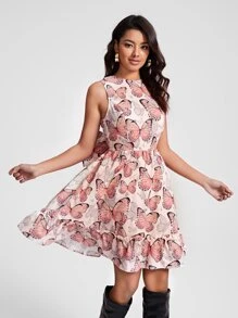 Caterine Sanchez 蝴蝶圖案後綁帶蝴蝶結荷葉邊連衣裙 - 彩色 - 查看 4