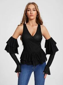 Qiana Tarah 荷葉邊網紗上衣帶袖子 - 黑色 - 查看 1