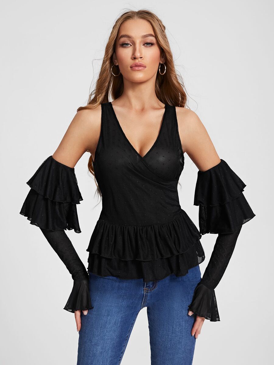 Qiana Tarah 荷葉邊網紗上衣帶袖子 - 黑色 - 查看 1