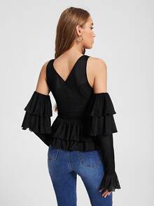 Qiana Tarah 荷葉邊網紗上衣帶袖子 - 黑色 - 查看 2