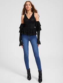 Qiana Tarah 荷葉邊網紗上衣帶袖子 - 黑色 - 查看 5
