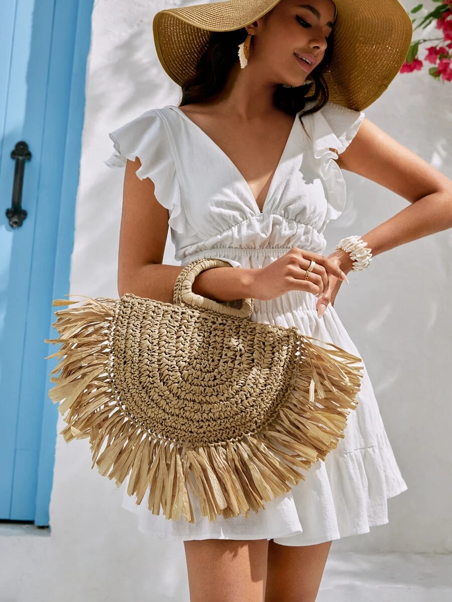 SHEIN SXY Tassel Teenagers Handbag, Wicker Bag