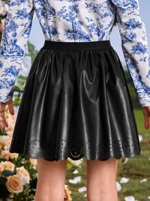 SHEIN 女孩鏤空貝殼邊PU皮革半身裙