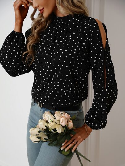 SHEIN LUNE 波點圖案開衩袖襯衫