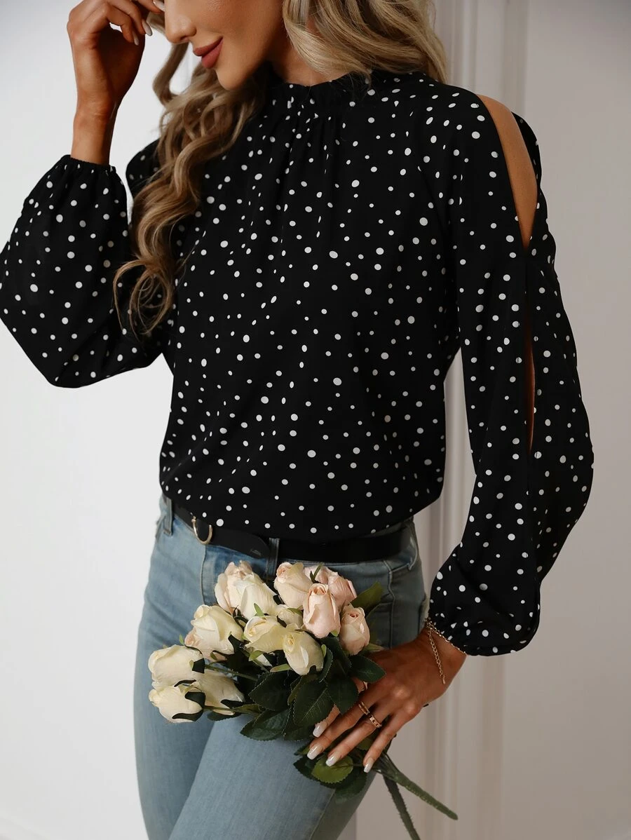 SHEIN LUNE 波點圖案開衩袖襯衫 - 黑色 - 查看 1