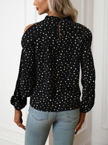 SHEIN LUNE 波點圖案開衩袖襯衫 - 黑色 - 查看 2