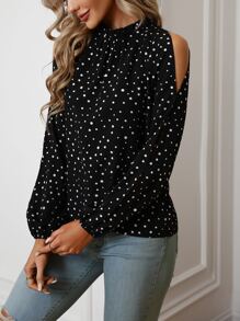 SHEIN LUNE 波點圖案開衩袖襯衫 - 黑色 - 查看 3