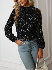 SHEIN LUNE 波點圖案開衩袖襯衫 - 黑色 - 查看 4